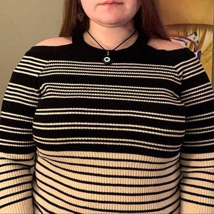 White and Black striped cold shoulder top
